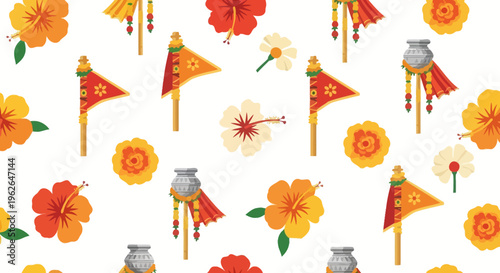 Decorative Thai Flags and Flowers Pattern. EPS Editable. Vector Illustrations.