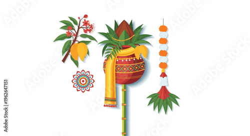 Decorative Indian Festival Puja Items 1. EPS Editable. Vector Illustrations.