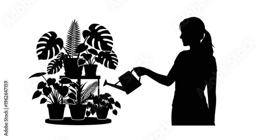 Woman watering various plants with a watering can outdoors