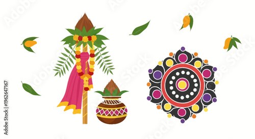 Gudi Padwa and Ugadi festival elements with traditional decorations and rangoli. EPS Editable. Vector Illustrations.