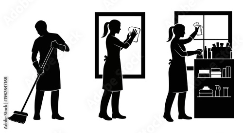 Silhouette illustration of people cleaning with broom and cloths