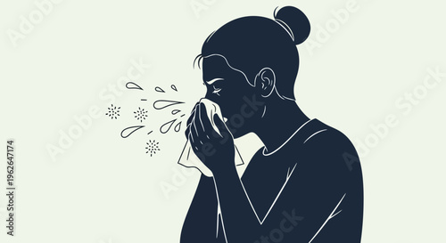 Woman blowing nose with tissue to prevent germ spread vector illustration