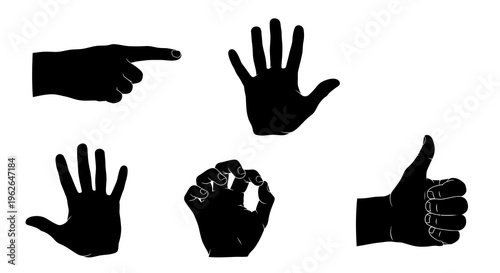 Black silhouette vector graphic of various hand gestures