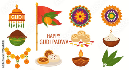 Gudi Padwa Festival Celebration Symbols. EPS Editable. Vector Illustrations.