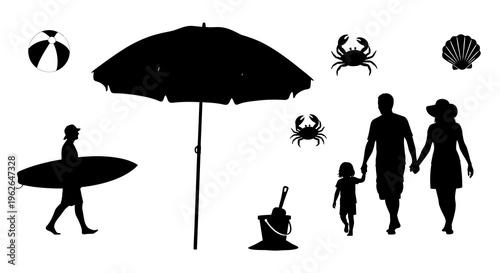 Silhouette of family and surfer at the beach with umbrella