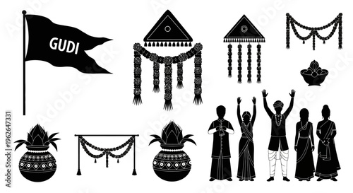 Traditional Indian Festival Celebration Icons. EPS Editable. Vector Illustrations.