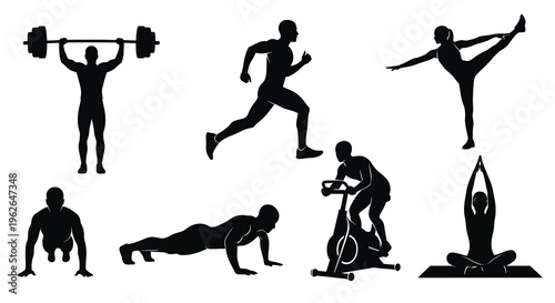 Fitness icons featuring various exercise and workout silhouettes vector graphic design