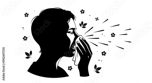Person blowing nose in tissue with flowers and leaves around