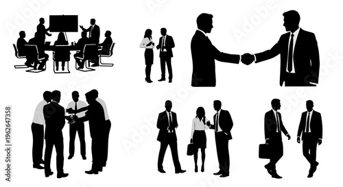 Business professionals engaging in various office interactions and meetings