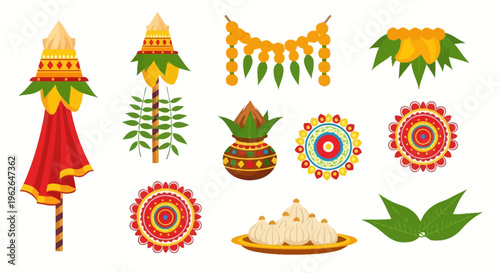 Traditional Indian Festival Decorative Items 2. EPS Editable. Vector Illustrations.