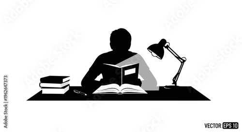 Silhouette of a person studying at a desk with books and lamp