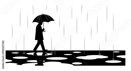 Person walking with umbrella on rainy day with puddles everywhere