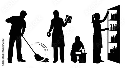 Silhouette illustration of people engaged in various cleaning activities together