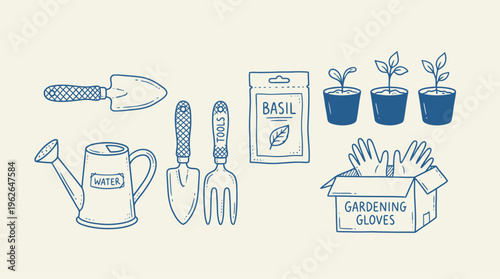 A delightful collection of hand-drawn gardening tools, including a watering can, seedlings, seeds, and gloves.