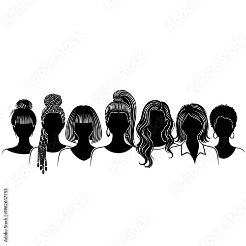 Diverse group of women's hairstyles illustration.