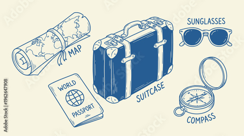 Vintage travel essentials collection featuring a rolled map, passport, suitcase, sunglasses, and compass.