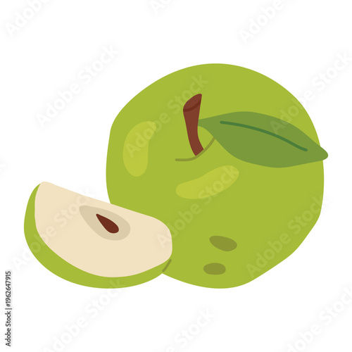 vector green apple and slice in flat style. Fresh whole apple fruit isolated on light background. Vector illustration for healthy food, greengrocer or grocery design.