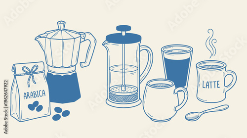 Charming hand drawn illustration featuring various coffee brewing equipment and finished beverage containers.