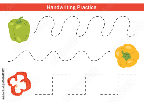 Colorful vector pepper worksheet with three horizontal handwriting practice paths for kids. dashed lines and cute elements help children develop fine motor skills and early writing.