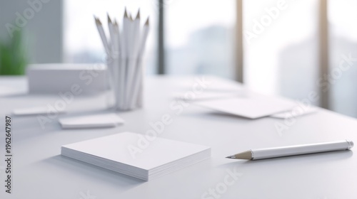 shallow. Minimalist office desk with blank stationery and soft side lighting....