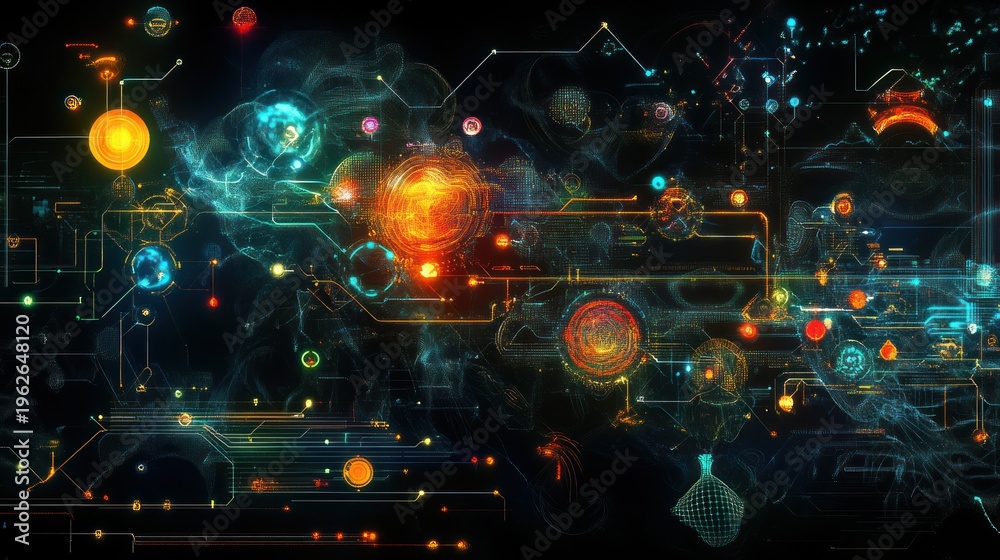 Obraz premium Complex Network: Abstract Digital Circuitry with Glowing Orbs on Black Background