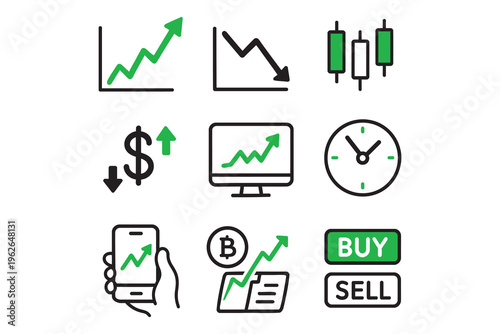 Financial trading line icon set for stock market analytic. Investment trading indicator outline symbols pack for fintech. Charts, candlesticks, currency, crypto, buy sell action. Vector illustration