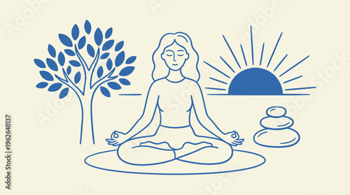 Serene woman meditating peacefully in lotus position near tree and rising sun illustration