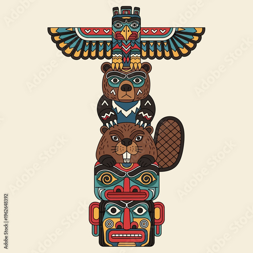 Totem pole with animals and tribal designs.