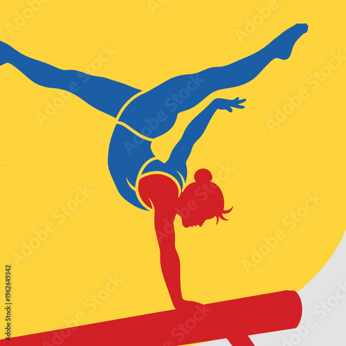A vibrant illustration of a gymnast performing a handstand on the balance beam