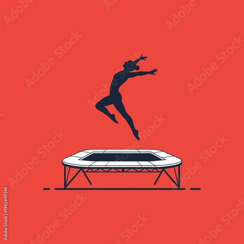A person silhouette jumping on a trampoline against a red backdrop, celebrating freedom and boundless energy.