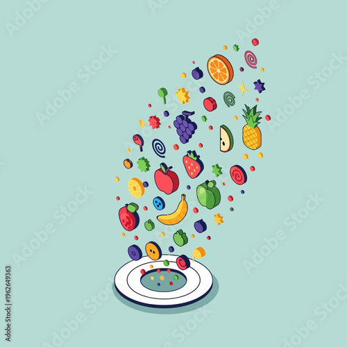 Colorful illustration of fruit flying out of a plate.