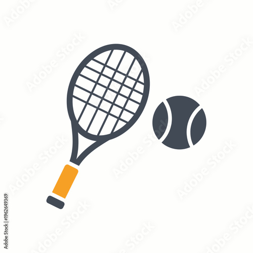 Tennis equipment, featuring a tennis racket and ball, ready for play. The racket and ball are positioned on a solid background, creating a minimalistic look