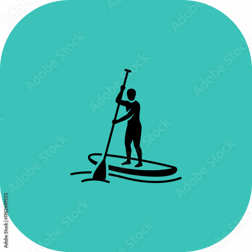 Paddleboarder silhouette paddling on water, showcasing a serene outdoor activity. The silhouette shows the person paddling on the board on turquoise background