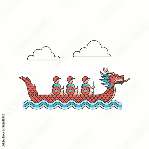 A vibrant illustration of a dragon boat with a team of rowers on the water, under a cloudy sky