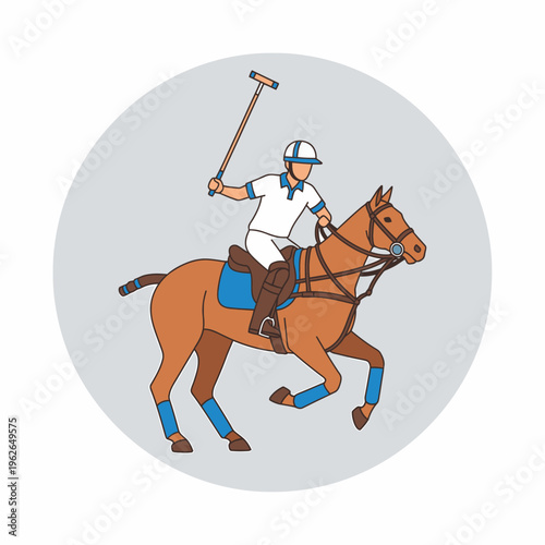 An illustration of a polo player riding a horse in a sports game. The player is hitting a ball with a mallet