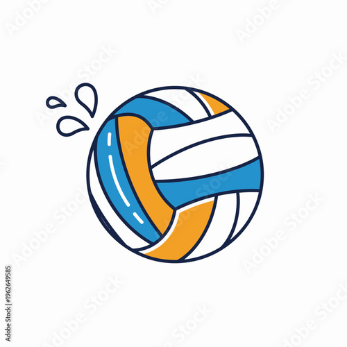 A colorful volleyball with water drops next to it. It is ready for action. 