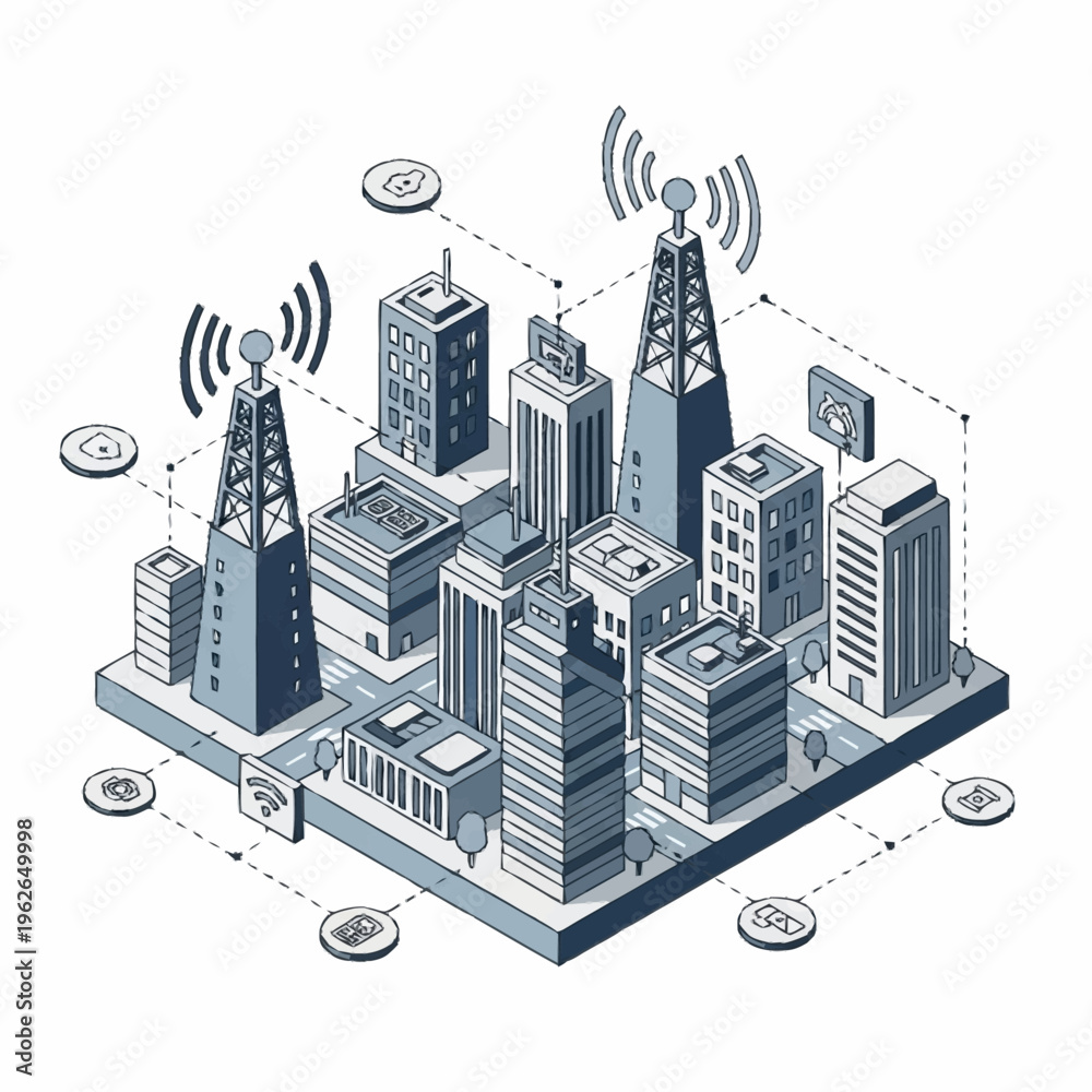 Fototapeta premium Isometric cityscape with communication towers and buildings.