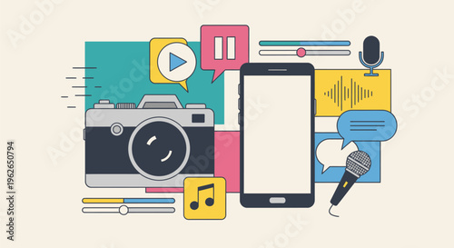 A colorful illustration of a smartphone and camera surrounded by multimedia icons on a creative desktop workspace.