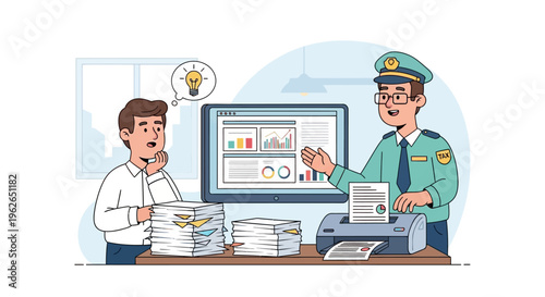 Tax Officer Explaining Financial Data and Statistics to Taxpayer Illustration