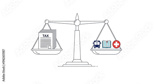 Minimalist Outline Illustration of Scales Balancing Tax Papers and Social Services