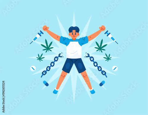 Anti-Drug Day concept. Successfully freed from drug addiction. Stop and refrain from using narcotics. Illustration of a man free from the chains of drugs. Free and happy. Banner, flat style, blue 