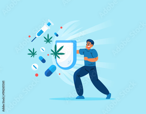 Anti Drug Day concept. Fighting drug abuse and illicit trafficking. Stop and refrain from using drugs. Illustration of a man using a shield to protect himself from illegal drugs. Banner, flat style, 