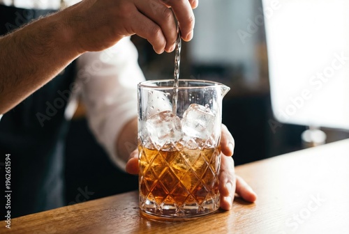 Bartender stirring an alcoholic cocktail with a long bar spoon and ice cubes in a crystal mixing glass