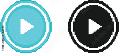 Two pixelated play button icons, one in light blue and white, the other in black and white, both featuring a triangular play symbol within a circular design, evoking a retro digital aesthetic.