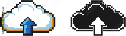 Pixel art style icons depicting cloud upload, one in color with a blue arrow and the other a black silhouette with a white arrow, symbolizing data transfer.