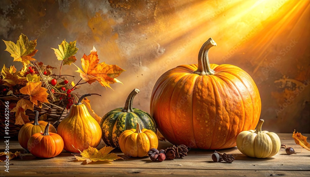 Naklejka premium Autumn Harvest Still Life: Pumpkins and Fall Foliage in Warm Light