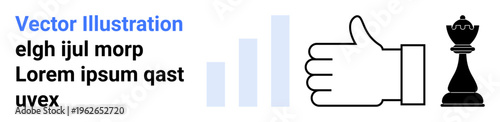 Business strategy, teamwork, leadership, success, approval, analytics. Thumbs up, bar graph and chess piece with placeholder text. Business strategy and teamwork concepts