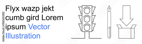 Technology, organization, communication, downloads, stationery, traffic regulation. Minimalistic black linear icons include a traffic light, a fountain pen and a download arrow in a box. Technology