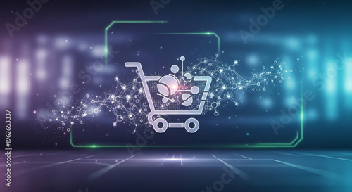 E commerce shopping cart with glowing neon lights and futuristic background for online shopping concept