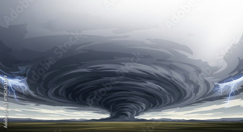 Dark tornado storm with lightning bolts on a gloomy day swirling over a green field